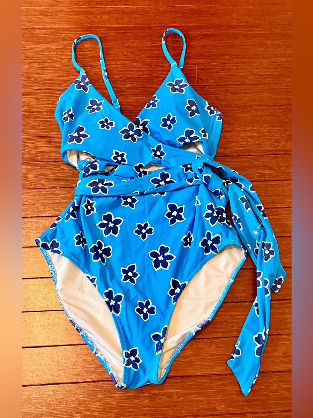 Aerie Real Good Blue Floral One Piece Swimsuit size Small Summer wrap suit